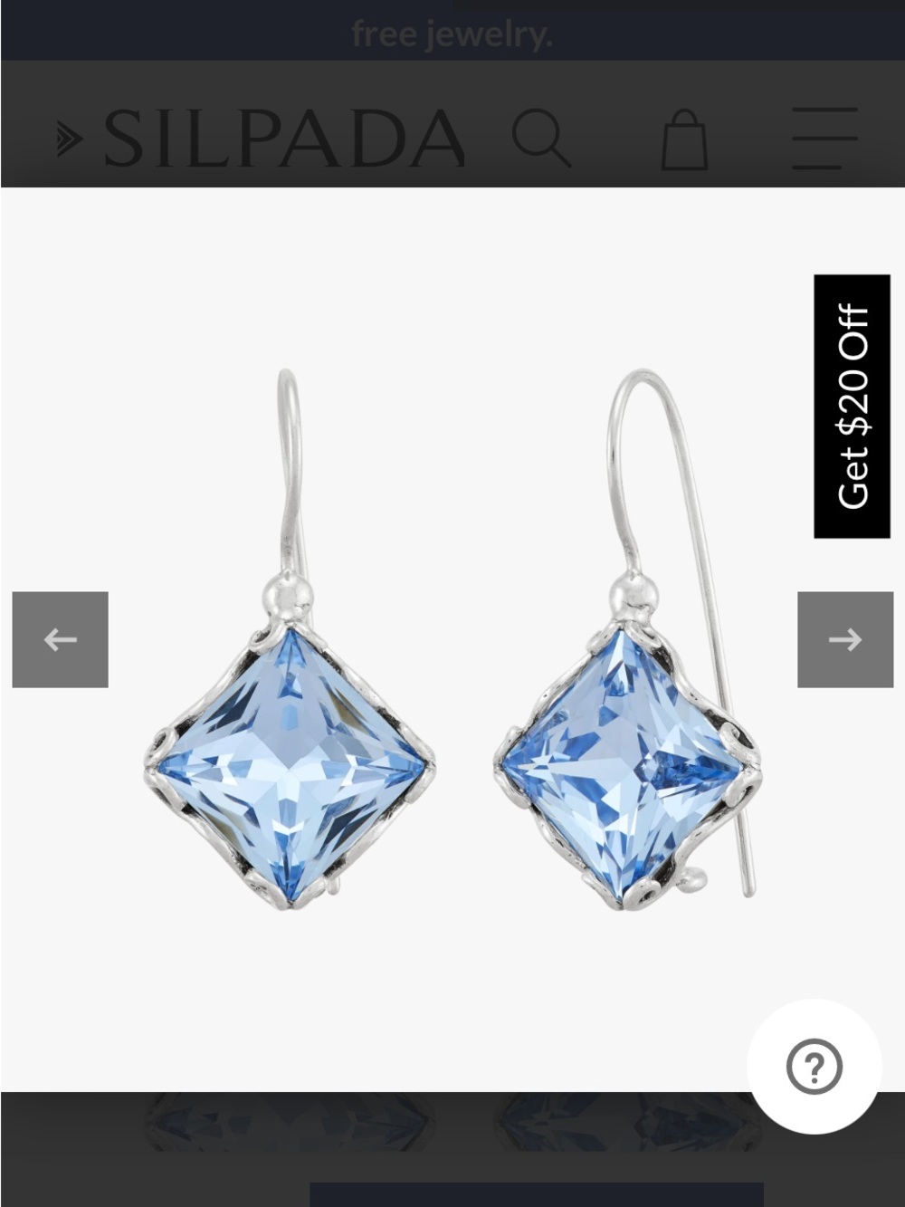 Silpada Light Blue Square Crystal Drop Earrings, Blue Crystal